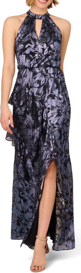 Metallic Floral Keyhole Neck Gown