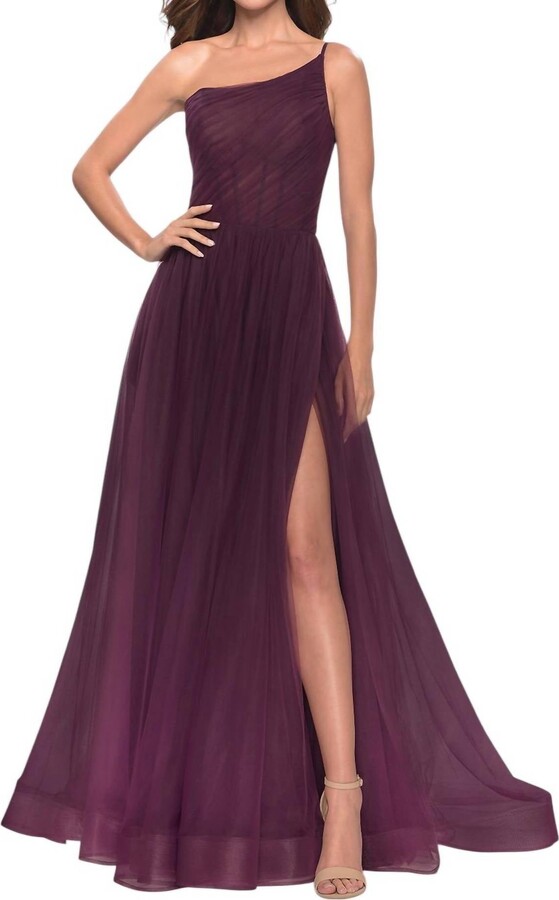 One Shoulder Tulle Prom Dress In Dark Berry