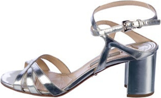 Prada Leather Sandals Metallic & Silver Cutout Accent Crossover Straps & Buckle Closure at Ankles Designer