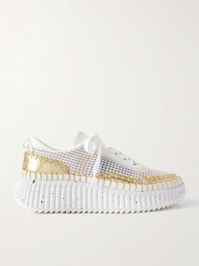 Chloé Nama Embroidered Metallic Leather And Mesh Sneakers - White