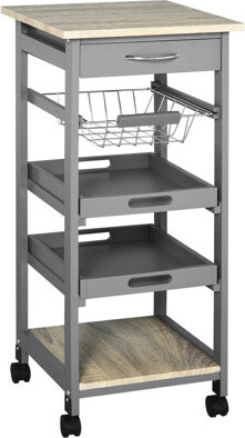 Rolling Grey Kitchen Island Trolley With Drawer And Storage Basket Drawer, Wire & Serving Trays,