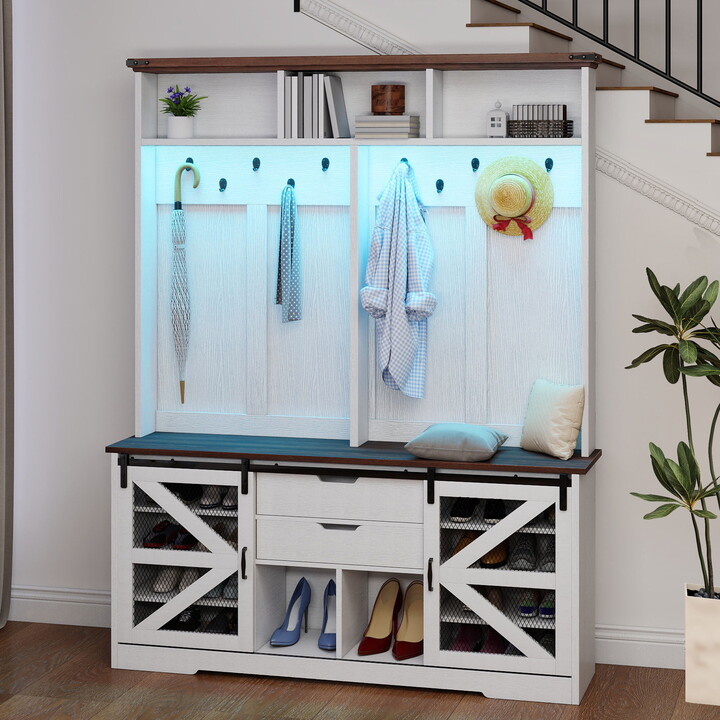 Uforic Hall Tree with Coat Rack & Shoe Storage Bench, Farmhouse Farmhouse Entryway Storage Organizer with LED Light, White