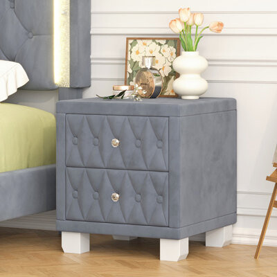 Luxury Velvet Nightstand with Crystal Handles -Button-Tufted Bedside Table with 2 Spacious Drawers