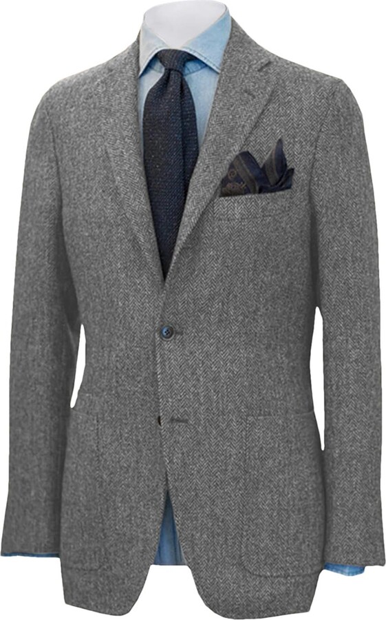 Kelsiop Men's Blazer Prom Tuxedo Wool Tweed Single Breasted Formal