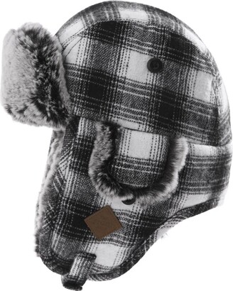 Jeff & Aimy Mens Winter Buffalo Plaid Trooper Trapper Hat for Women Faux Fur Hunting Ear Flap Windproof Ushanka Russian Aviator Black&White 55-58CM