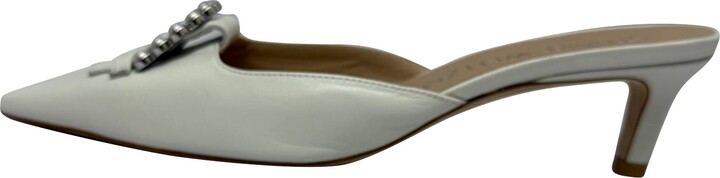Stuart Weitzman Buckle-Embellished Kitten-Heel Mules in White Leather