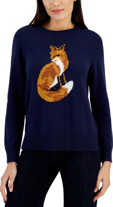 Karen Scott Petite Fox-Graphic Scoop-Neck Long-Sleeve Sweater, Created for Macy's