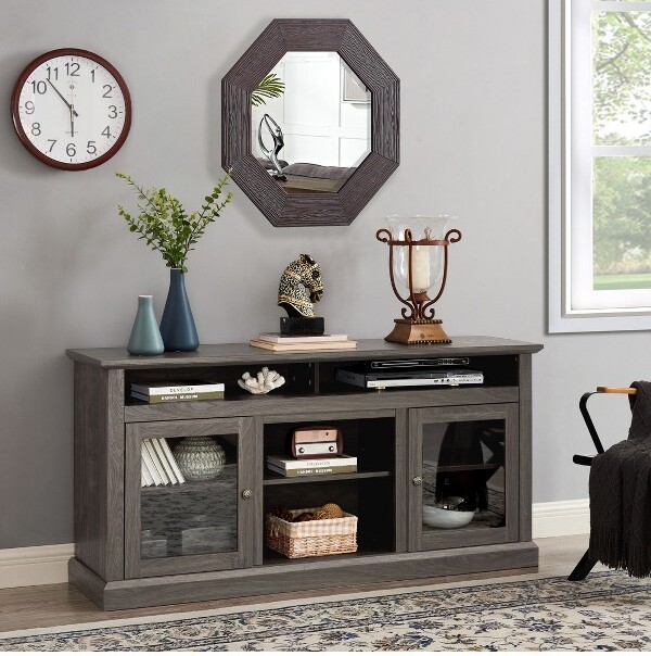 TUYOHWTVStandwithGlassDoorforTVsupto65Inches,ModernEntertainmentCenterwithCabinetsandOpenShelves,Gray