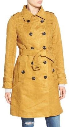 Steve Madden Women's Faux Suede Trench Coat With Faux Fur Collar