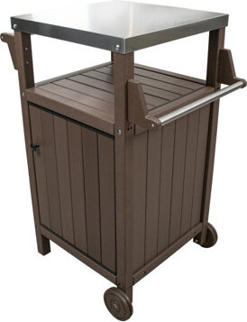 MENSARJOR Kitchen Portable Outdoor Grill Cart Patio Bar Cart with Stainless Steel Top and Rolling Wheels BBQ Cart for Indoor&Outdoor Use Brown