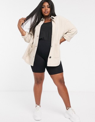 ASOS DESIGN Curve linen jacket with contrast stitch detail in stone