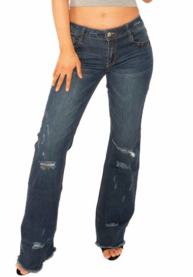 Cindy H 60s 70s Style Ripped Distressed Denim Bootcut Flared Jeans with