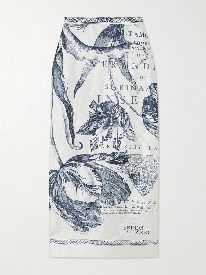 Erdem Printed Crinkled-satin Midi Skirt - Gray