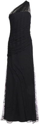 Roberto Cavalli One-shoulder Gathered Lace-layered Crepe Gown