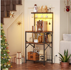 Wrought Studio Kitchen Bakers Rack With Power Outlet & LED Lights Small Coffee Bar Table With Adjustable Storage Shelf 4 Tiers Microwave Stand With 8 Hooks Coffee