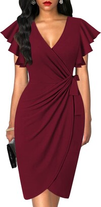 oten Womens Deep V Neck Ruffle Sleeve Sheath Casual Cocktail Party Work  Faux Wrap Dress - ShopStyle