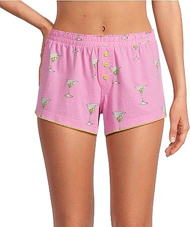 PJ Salvage Martini Print Jersey Knit Elastic Waist Faux Button Fly Boyfriend Boxer Shorts