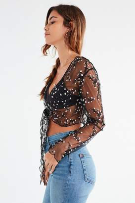 Urban Outfitters Maura Sheer Embroidered Tie-Front Top