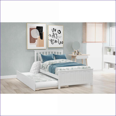 Latitude Run Twin Size Solid Pine Wood Platform Bed with Trundle, No Box Spring Needed - White/Gray for Guest/Second Bedroom