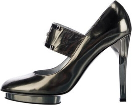 Versace Patent Leather Pumps Metallic & Silver Round-Toes Platform Mary Jane Strap & Buckle Closure At Uppers