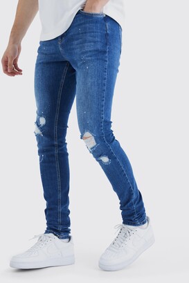 Boohoo Mens Super Skinny Busted Knee Paint Splatter Jeans - Grey 34R
