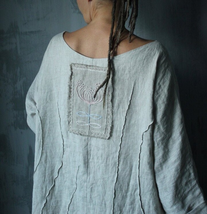 Etsy Boho English Linen Dress. Grey With Flower.long Custom Length