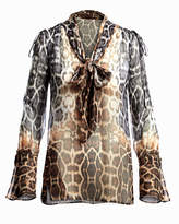 Thumbnail for your product : Equipment Jacqueleen Tie-Neck Long-Sleeve Leopard-Print Chiffon Blouse