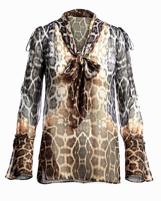 Equipment Jacqueleen Tie-Neck Long-Sleeve Leopard-Print Chiffon Blouse