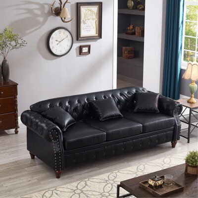 85.8" Living Room Chesterfield Sofa Classic Tufted Design Faux Leather PU Upholstered Sofa With Storage (Ivory)