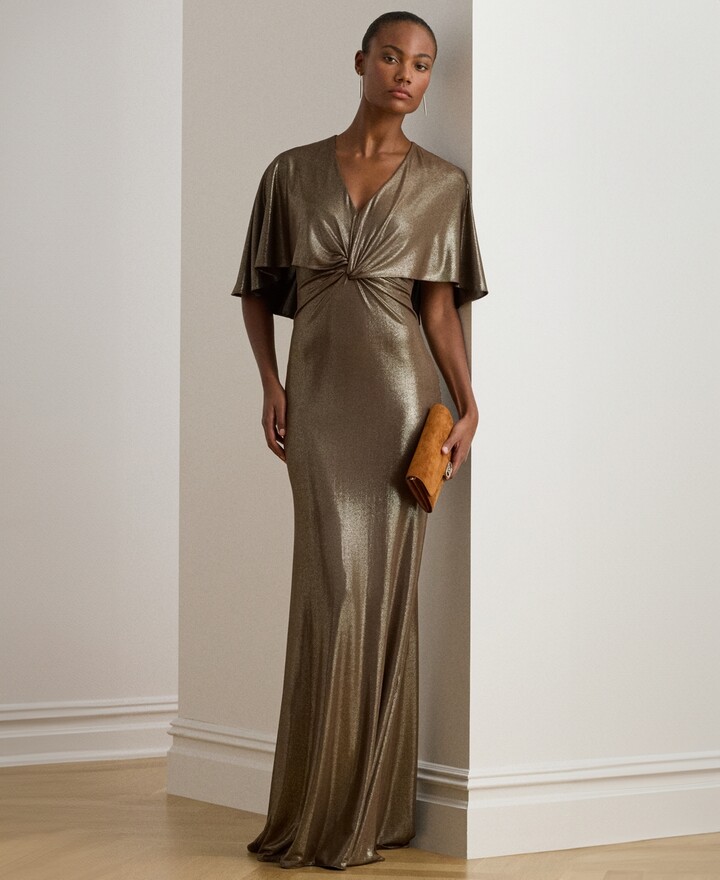 Lauren Ralph Lauren Women's Twist-Front Cape Gown - Dark Taupe/Light Gold Foil