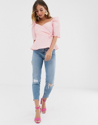 ASOS DESIGN Petite Farleigh high waisted slim mom jeans in light vintage wash with busted knee and rip & repair detail