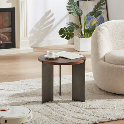Latitude Run Round Coffee Table Walnut Wood Surface And Metel Feet