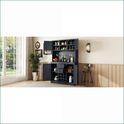 Latitude Run Coffee Bar Cabinet Farmhouse Dark Blue with Storage Wine Cubbies Drawers & Glass Racks | MDF + Particle Board