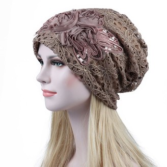 ZHOUBA Women Turban Hats Slouchy Knitted Cap Flower Lace Fashion Butterfly Beanies (Camel)