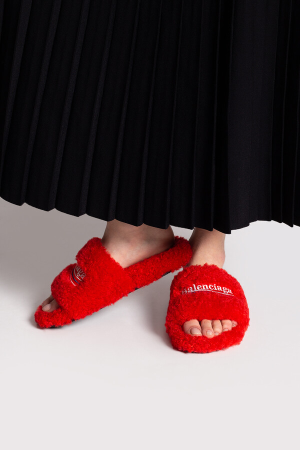 Balenciaga 'Furry' Slides With Logo Women's Red - ShopStyle