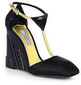Thumbnail for your product : Prada Satin & Leather T-Strap Wedge Pumps