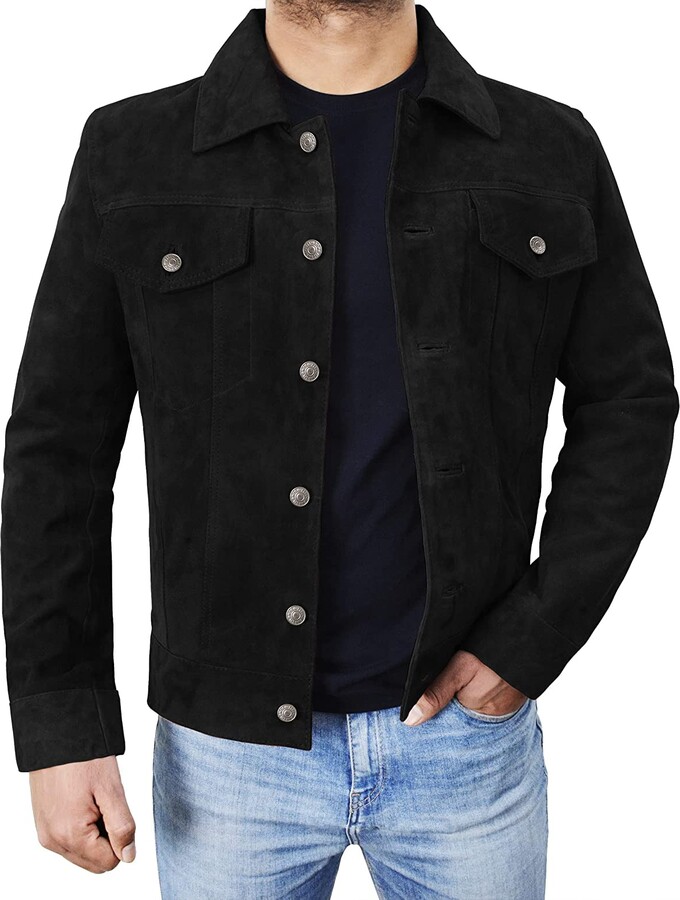 Fashion_First Men's Black Suede Leather Biker Jacket Cowboy Leather