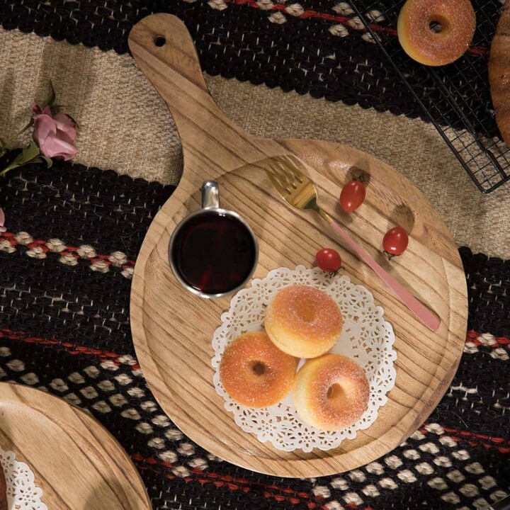Vintiquewise Beige Wooden Round Shape Serving Tray Display Platter