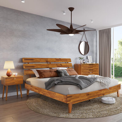 Blooming Mid-Century Acacia Wood King Bed Frame With Adjustable Headboard, No Box Spring Needed