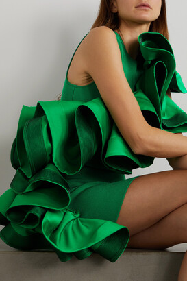 AZ Factory Asymmetric Recycled Duchesse Satin-trimmed Ruffled Stretch-knit Top - Green