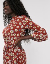 Thumbnail for your product : Influence tie waist swing dress with three quarter length sleeves in floral print