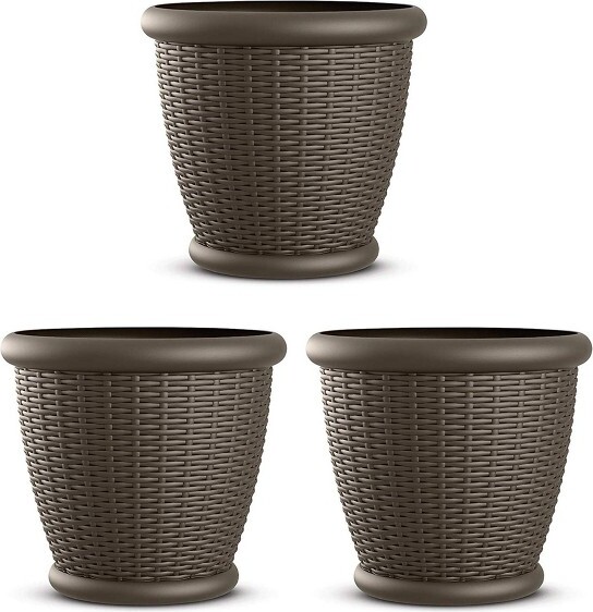 Suncast Suncast18InRoundDecorativePlasticWickerStylePlanterFlowerPlantPotwithDrillableDrainageHolesforIndoororOutdoorUse,Brown(3Pack)