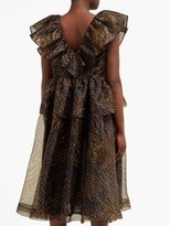 Thumbnail for your product : Ganni Tiger-print Ruffled Organza Dress - Brown