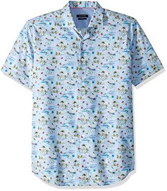 Bugatchi Men's Fitted Short Sleeve Brush Strokes Design Woven Shirt