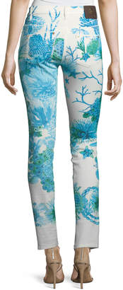 Roberto Cavalli Skinny-Leg Coral-Reef Printed Stretch-Denim Ankle Jeans