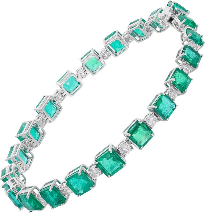 Spectrum Jewels 17.52 Tcw Octagon Zambian Emerald Si/h Diamond Link Bracelet Fine 14k White Gold