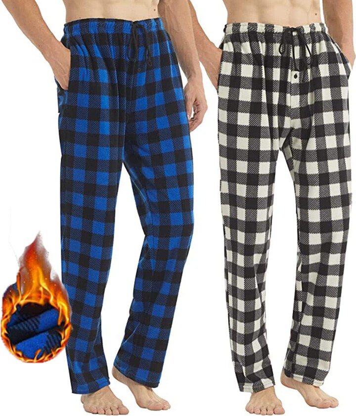 LANBAOSI Mens Pjs Bottoms Fleece 2 Pack Checked Fluffy Lounge Pants Plaid  Pyjamas Long Thermal Sleep Nightwear Trousers with Pockets - ShopStyle
