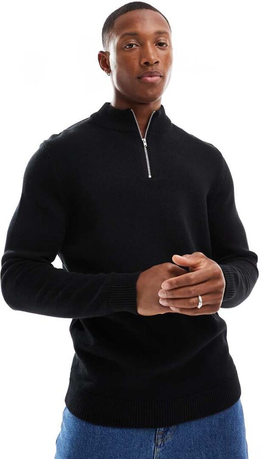 ASOS DESIGN midweight knitted 1/2 zip neck jumper in black ShopStyle
