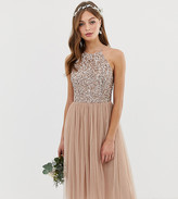 Thumbnail for your product : Maya Bridesmaid halter neck midi tulle dress with tonal delicate sequins in taupe blush
