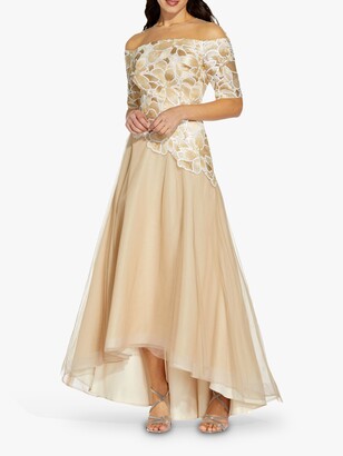 Adrianna Papell Bardot Embroidered Gown, Champagne/Ivory